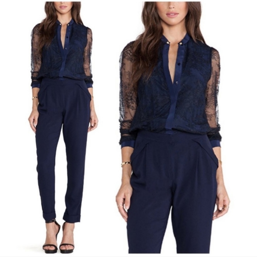 Marchesa Voyage French Lace Yoke Navy Jumpsuit 6